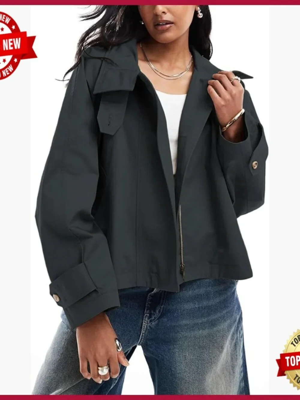 Cropped Trench Coat with Back Cape, Zip Up, Pockets, Lightweight Polyester